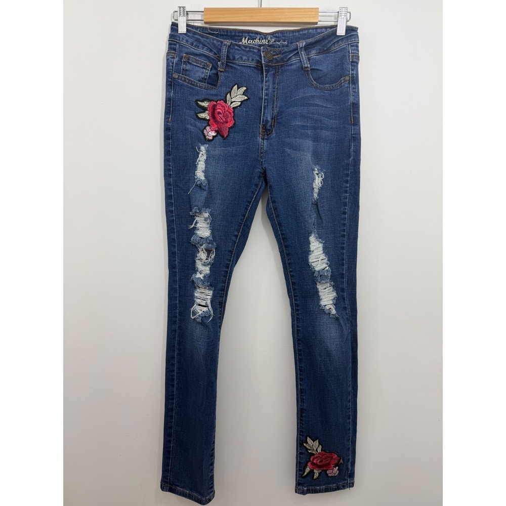Machine Nouvelle Mode Womens Rose Embroidered Distressed Skinny Jeans Blue 13 30